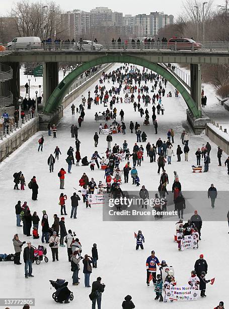 The NHL Trophy Procession winds its way along Rideau Canal to kick off the NHL All-Star Festivities on January 27, 2012 in Ottawa, Canada.