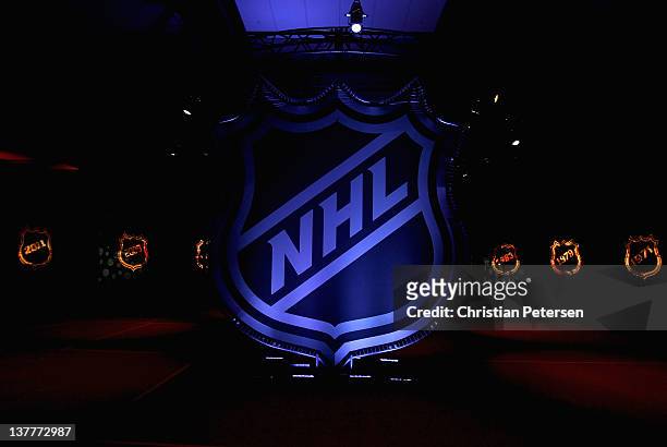 The NHL logo is displayed during Fan Fair as part of NHL All Star weekend at the Ottawa Convention Centre on January 26, 2012 in Ottawa, Ontario,...