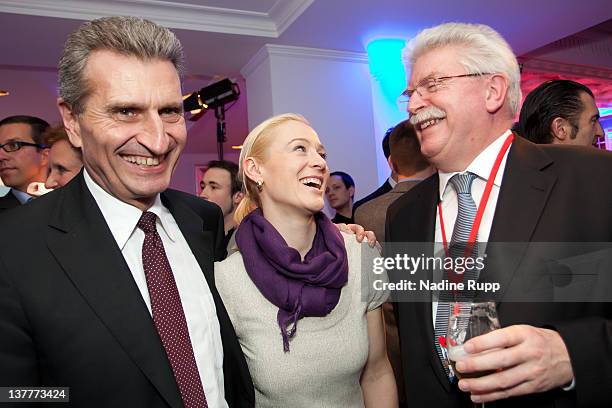 European Union Energy Commissioner Guenther Oettinger, Friederike Beyer and Bavarian Deputy Prime Minister Martin Zeil attend the Burda DLD Nightcap...