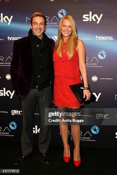 Gedeon Burkhard and his girlfriend Anika Bormann arrive to the "Mira Award 2012" ceremony at e-Werk on January 26, 2012 in Berlin, Germany.