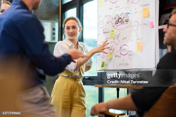 effective collaboration strategies for business goal and growth. female business project management having a decision with team member about business strategies and the company's mission. - congresso organizações imagens e fotografias de stock