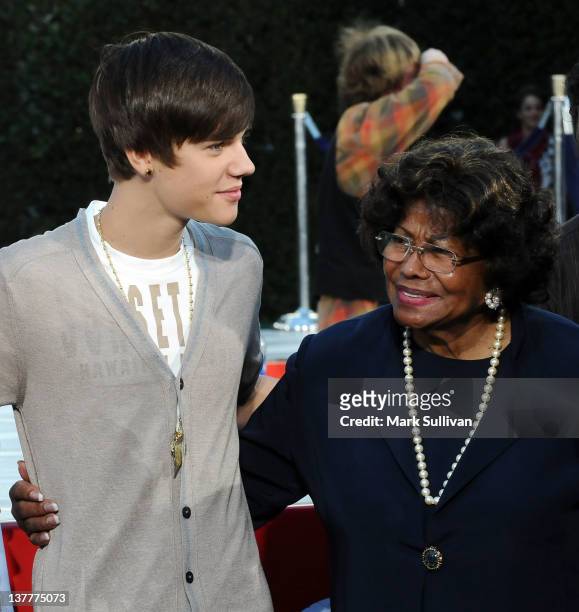 Singer Justin Bieber and Katherine Jackson during the Michael Jackson Hand And Footprint Ceremony at Grauman's Chinese Theatre on January 26, 2012 in...