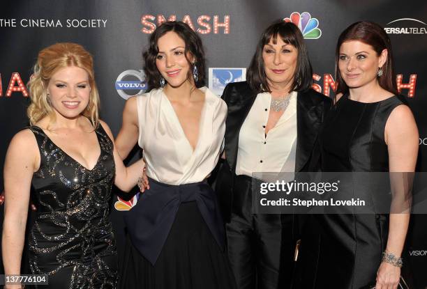 Actresses Megan Hilty, Katharine McPhee, Anjelica Huston, and Debra Messing attend the NBC Entertainment & Cinema Society with Volvo premiere of...