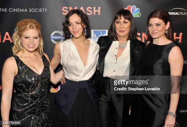 Actresses Megan Hilty, Katharine McPhee, Anjelica Huston, and Debra Messing attend the NBC Entertainment & Cinema Society with Volvo premiere of...