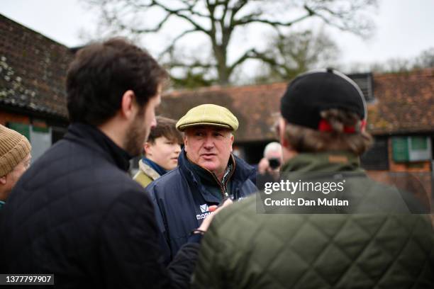 Trainer, Paul Nicholls speaks to members of the media during a stable visit ahead of the Cheltenham Festival at Manor Farm Stables on March 03, 2022...