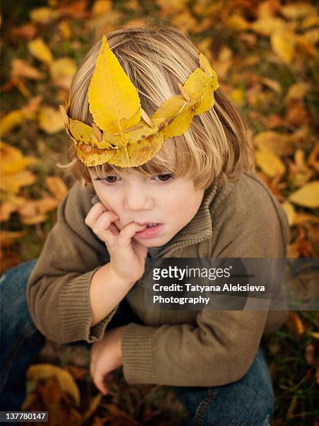 blond boy putting on her head crown - kid putting finger in mouth photos et images de collection