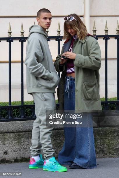 Romeo Beckham and Mia Regan are seen avenue Montaig on March 03, 2022 in Paris, France.