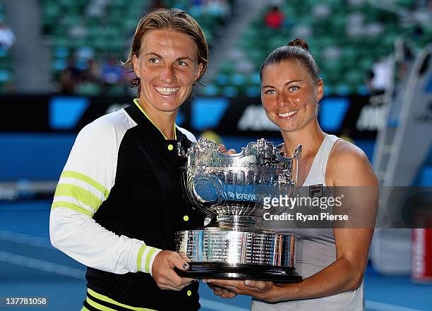 Svetlana Kuznetsova and Vera Zvonareva of Russia pose with the winners trophy after defeating Roberta Vinci and Sara Errani of Italy in the doubles...