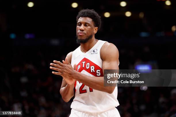 Thaddeus Young of the Toronto Raptors during the second half of their NBA game at Scotiabank Arena on March 1, 2022 in Toronto, Canada. NOTE TO USER:...