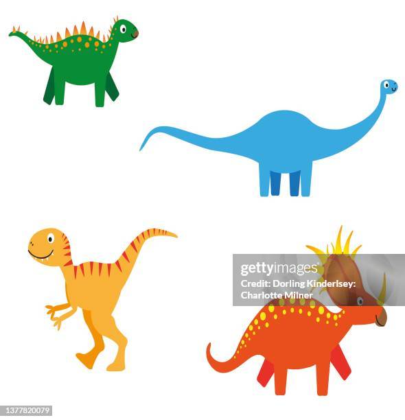 vector artwork of a variety of dinosaurs: tuojiangosaurus, diplodocus, allosaurus, styracosaurus. - tuojiangosaurus stock illustrations