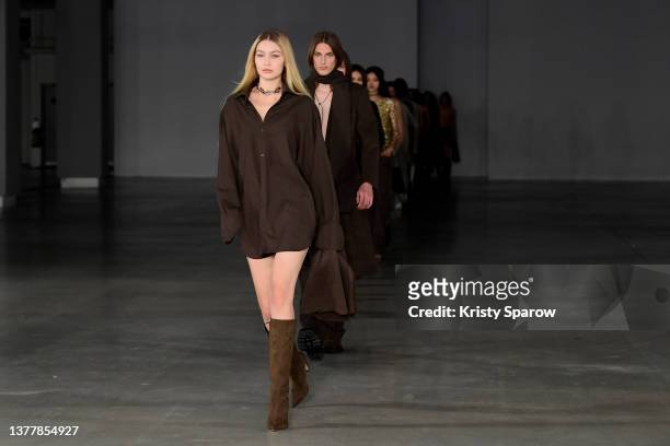 Gigi Hadid and models walk the runway during the Ludovic De Saint-Sernin Womenswear Fall/Winter 2022-2023 show as part of Paris Fashion Week on March...