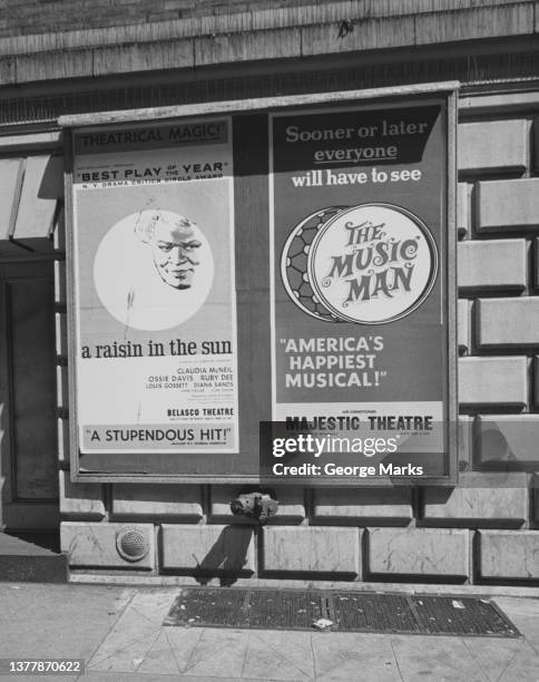 Posters for 'A Raisin in the Sun' at the Belasco Theatre and 'The Music Man' at the Majestic Theatre on Broadway, New York City, USA, 1959.