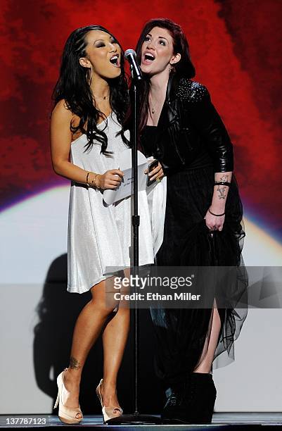 Adult film actresses Asa Akira and Andy San Dimas present an award during the 29th annual Adult Video News Awards Show at The Joint inside the Hard...