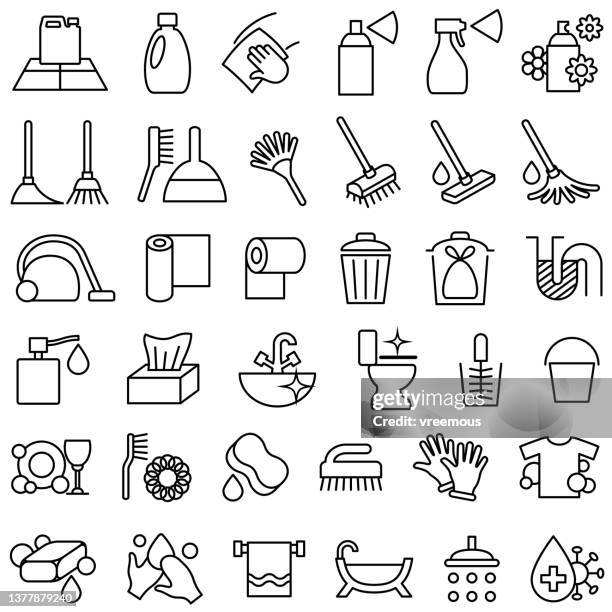 ilustraciones, imágenes clip art, dibujos animados e iconos de stock de iconos de productos de lavado, limpieza y artículos de tocador - dustpan and brush