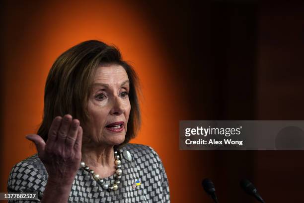 Speaker of the House Rep. Nancy Pelosi speaks during her weekly news conference at the U.S. Capitol March 3, 2022 in Washington, DC. Speaker Pelosi...
