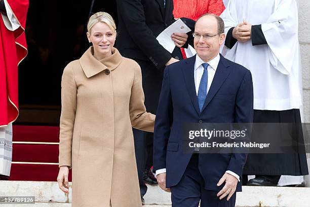 Princess Charlene of Monaco and Prince Albert II of Monaco attend the Ceremony Of The Sainte-Devote at the cathedrale Notre Dame on January 27, 2012...