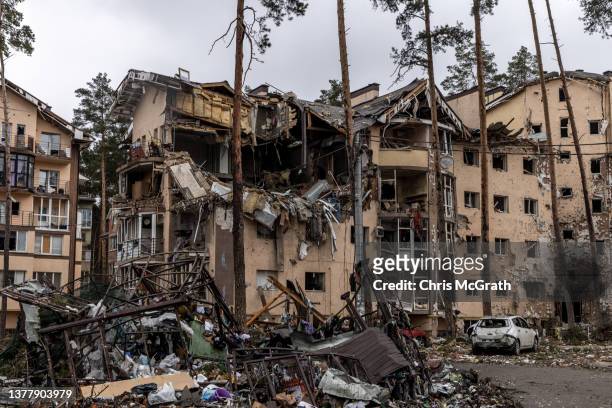 Destroyed buildings are seen on March 03, 2022 in Irpin, Ukraine. Russia continues assault on Ukraine's major cities, including the capital Kyiv, a...