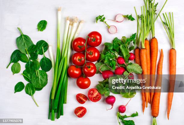 fresh carrots, radishes, tomatoes and green onions on white wooden background, frame, top view, copy space. - cebolla de primavera fotografías e imágenes de stock