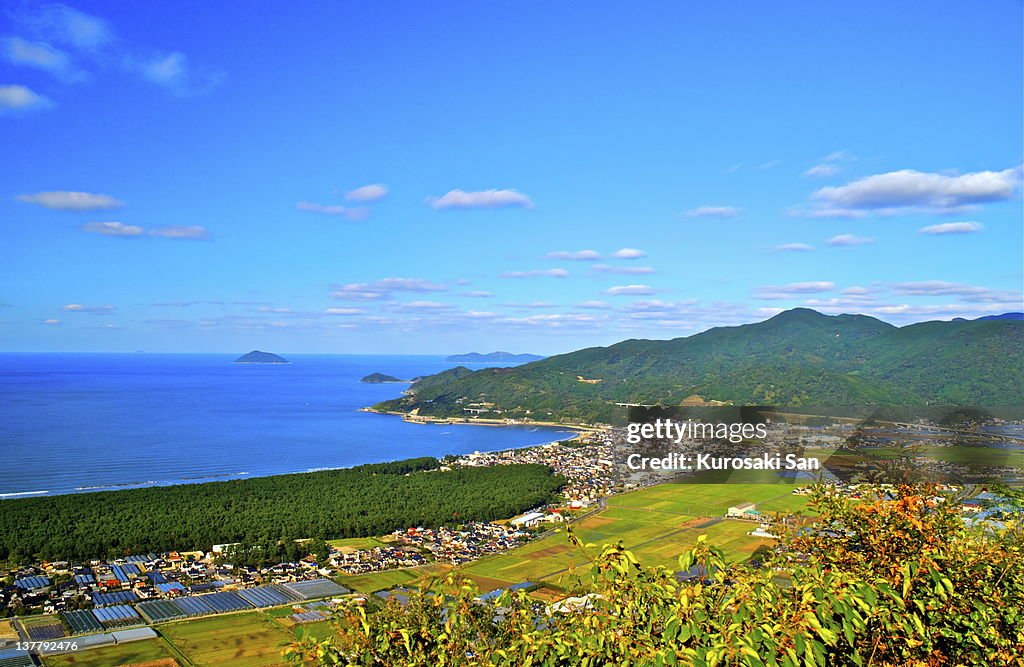 Panoramic view of Karatsu bay and famous pine tree