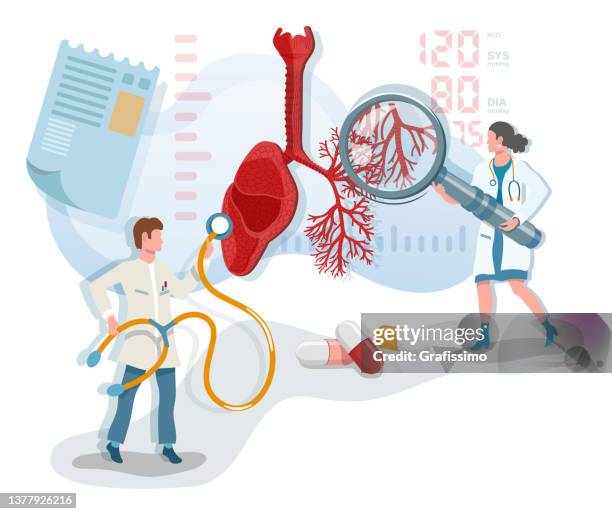 flat vector illustration two doctor examining respiratory system lung - man difficulty breathing stock illustrations