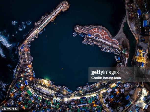 aerial view of port town at night - ulsan stock pictures, royalty-free photos & images