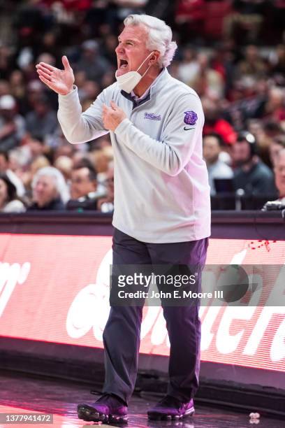 Head coach Bruce Weber of the Kansas State Wildcats shouts during the first half of the college basketball game against the Texas Tech Red Raiders at...