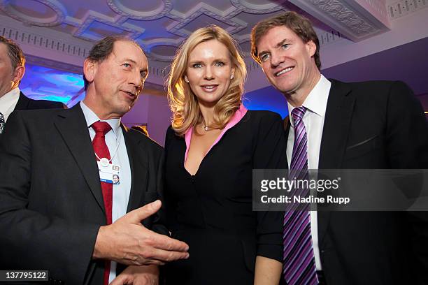 Paul Bulcke, chief executive officer of Nestle SA, actress Veronica Ferres and Carsten Maschmeyer attend the Burda DLD Nightcap 2011 at the...