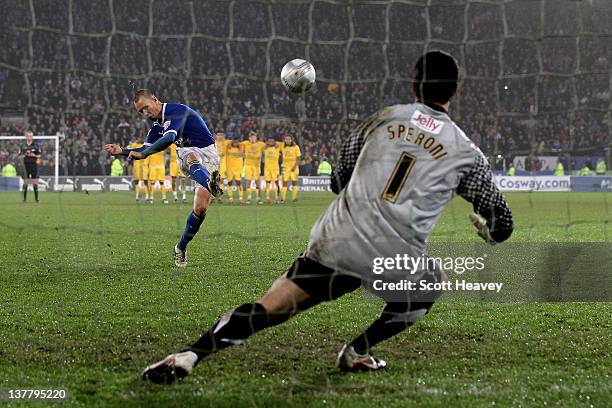 Kenny Miller of Cardiff City misses his attempt in the penalty shootout during the Carling Cup Semi Final second leg match between Cardiff City and...