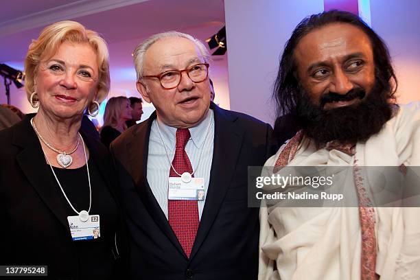 Liz Mohn, DLD Chairman Hubert Burda and Ravi Shankar attend the Burda DLD Nightcap 2011 at the Steigenberger Belvedere hotel on January 25, 2012 in...