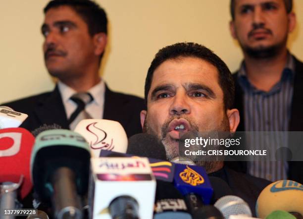 Palestinian Hamas official Salah al-Bardawil speaks during a press conference at a hotel in Cairo on January 14, 2009 after ending a round of talks...