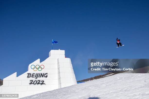 February 04: Ge Rong of China in action during the Snowboard Slopestyle qualification for women at the Winter Olympic Games on February 4th, 2022 in...