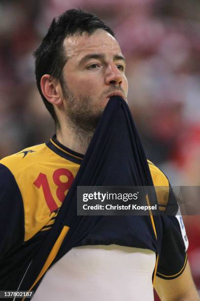 Iker Romero of Spain looks dejected after losing 24-25 the Men's European Handball Championship first semi final match between Denmark and Spain at...