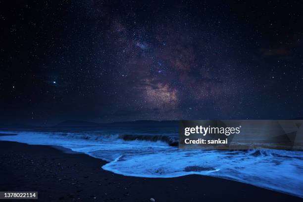 starry sky with milky way over the sea - praia noite imagens e fotografias de stock