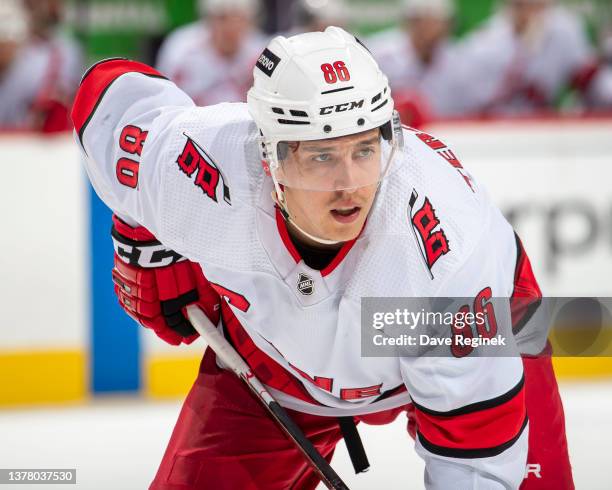 Teuvo Teravainen of the Carolina Hurricanes gets set for the face-off against the Detroit Red Wings during the second period of an NHL game at Little...