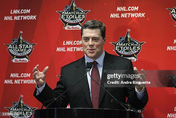Former NHL player Pat LaFontaine speaks from the podium at the unveiling of the NHL All-Star Legacy Playroom at Children's Hospital of Eastern...