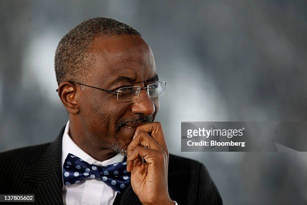 Lamido Sanusi, governor of the Central Bank of Nigeria, listens during a television interview on day three of the World Economic Forum in Davos,...