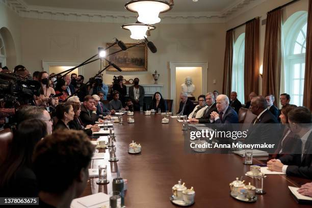 President Joe Biden speaks to reporters before the start of a cabinet meeting in the Cabinet Room of the White House on March 03, 2022 in Washington,...