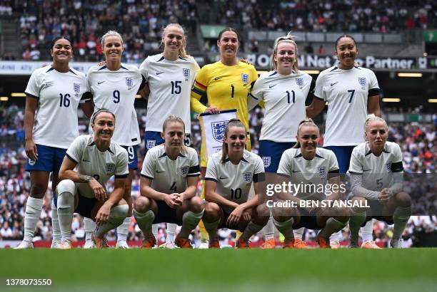 Back row L to R, England's defender Esme Morgan, England's defender Rachel Daly, England's defender Jess Carter, England's goalkeeper Mary Earps,...