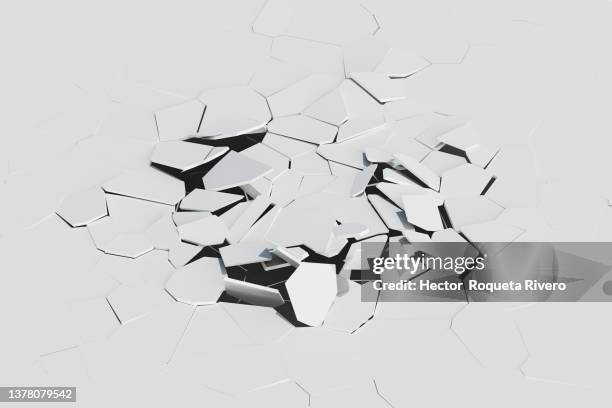 computer generated image sequence of broken and cracked white ground,3d render - break stock-fotos und bilder