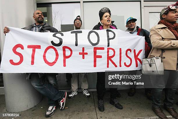 Opponents of the New York Police Department’s controversial "stop-and-frisk" policy rally on January 27, 2012 in the Bronx borough of New York City....