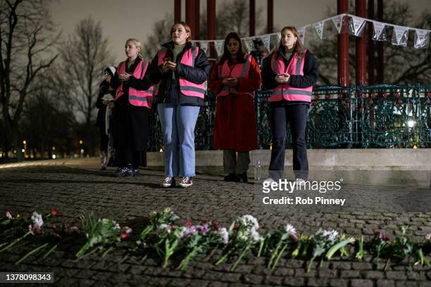 Member of Lambeth Urban Angels speaks at a vigil held for Sarah Everard at the Clapham Common bandstand on March 03, 2022 in London, England. One...