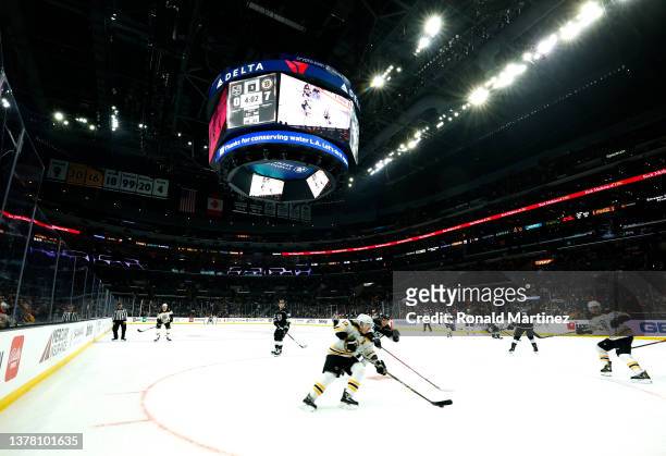 View of the scoreboard during play between the Boston Bruins and the Los Angeles Kings in the third period at Crypto.com Arena on February 28, 2022...