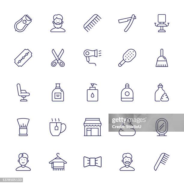 stockillustraties, clipart, cartoons en iconen met barber shop editable stroke line icons - kapsalon