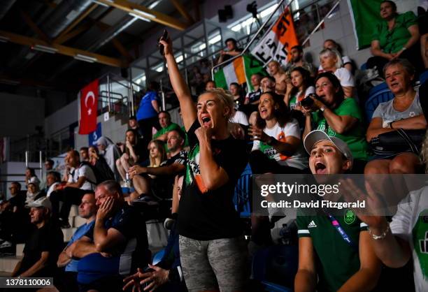 Myslenice , Poland - 1 July 2023; Shauna Bannon, sister of Nicole Bannon of Ireland, cheers on during her Women's Light Contact 60kg semi final bout...