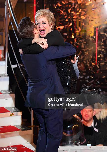 Denise Welch is embraced by host Brian Dowling as she wins Celebrity Big Brother 2012 at Elstree Studios on January 27, 2012 in Borehamwood, England.