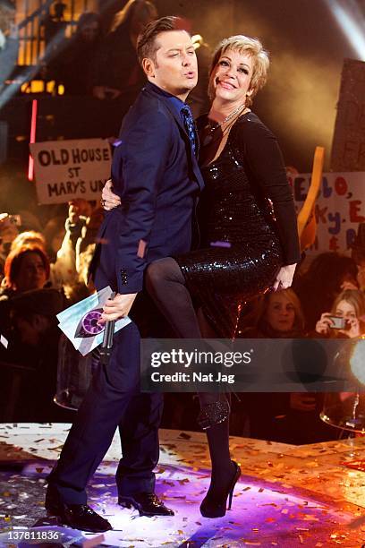 Denise Welch with host Brian Dowling wins Celebrity Big Brother 2012 at Elstree Studios on January 27, 2012 in Borehamwood, England.