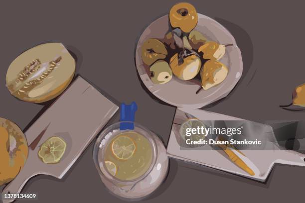 healthy breakfast - kitchen table close up stock illustrations