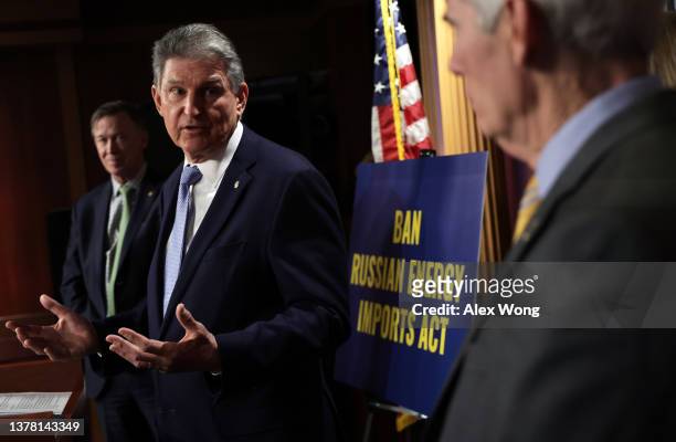 Sen. Joe Manchin speaks during a news conference at the U.S. Capitol March 3, 2022 in Washington, DC. A bipartisan group of U.S. Congressional...