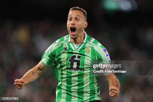 Sergio Canales of Real Betis celebrates their team's first goal during the Copa del Rey Semifinal match between Real Betis and Rayo Vallecano at...