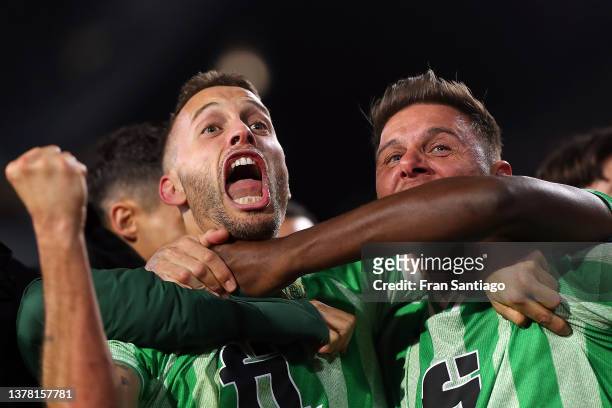 Sergio Canales and Joaquin Sanchez of Real Betis celebrate their team's first goal during the Copa del Rey Semifinal match between Real Betis and...